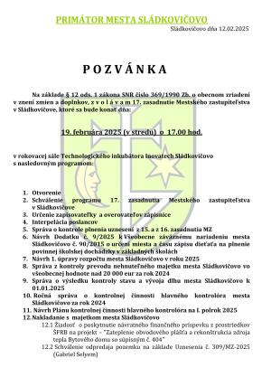 17. zasadnutie Mestského zastupiteľstva v Sládkovičove dňa 19.2.2025 1